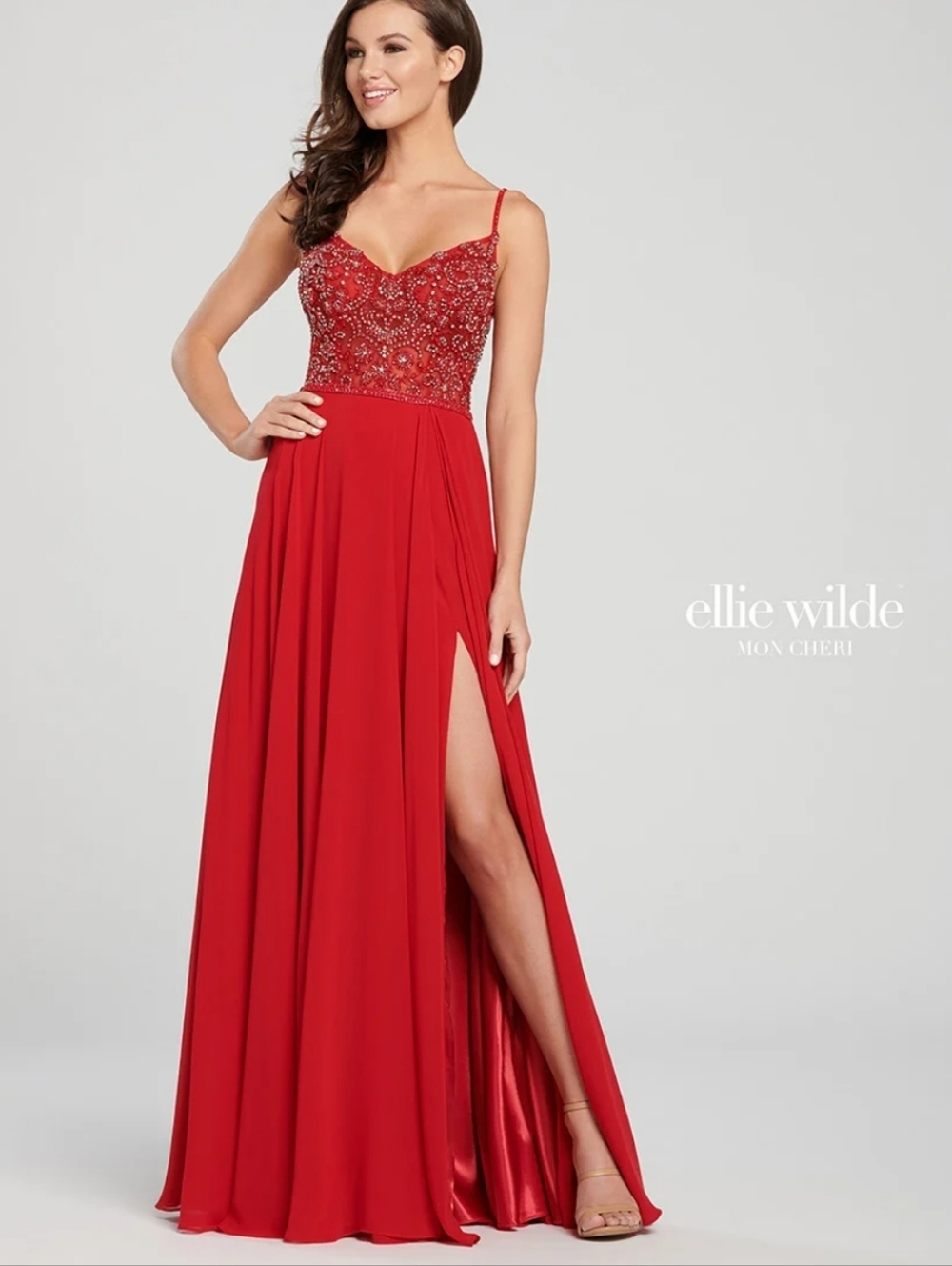 Size 16 deep red thin strap beaded Aline chiffon gown w slit by Ellie Wilde NWT